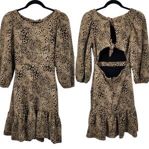 Anthropologie Leopard Cutout Back Mini Dress Sz 6 Puff Sleeves Ruffle Hem Knit